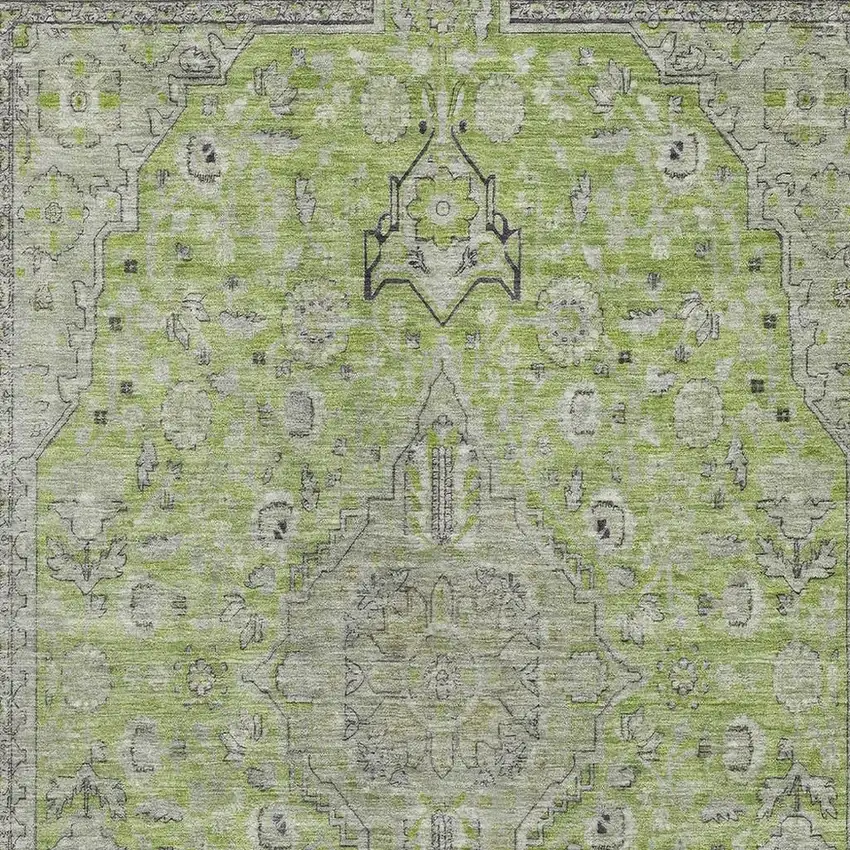 Lime Green And Gray Floral Medallion Washable Area Rug With UV Protection Photo 2