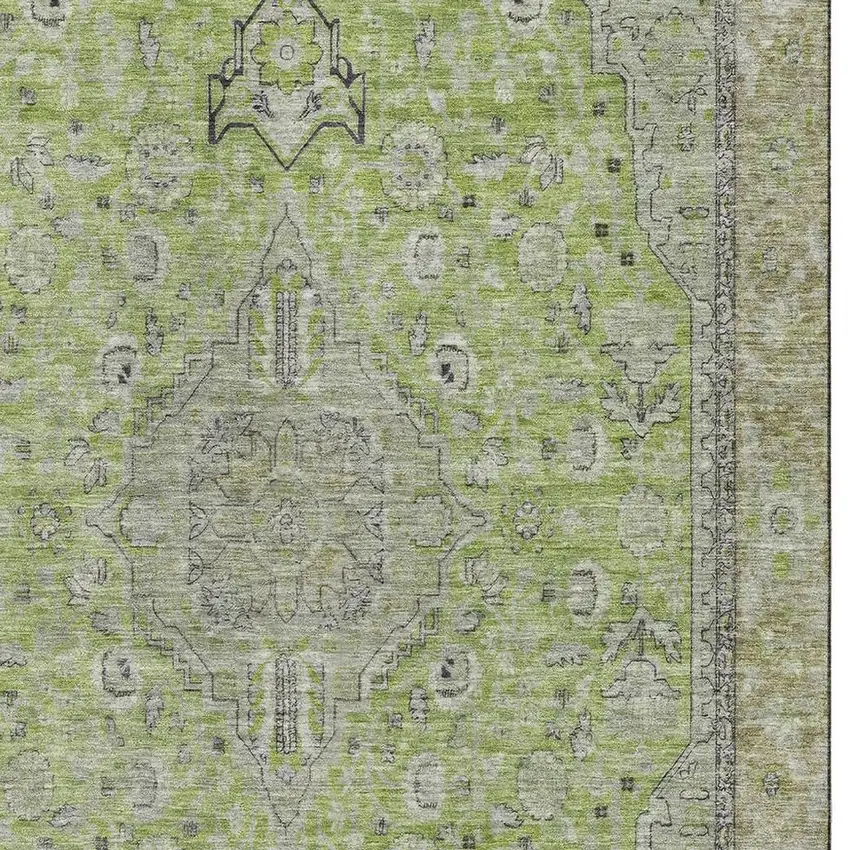 Lime Green And Gray Floral Medallion Washable Area Rug With UV Protection Photo 2
