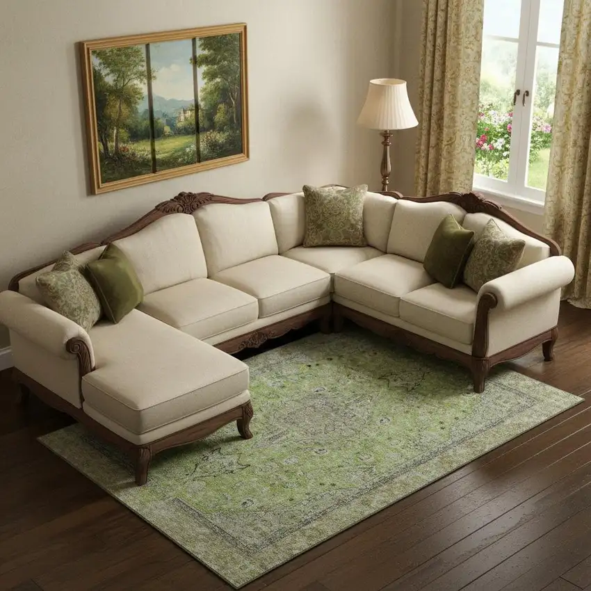 Lime Green And Gray Floral Medallion Washable Area Rug With UV Protection Photo 2