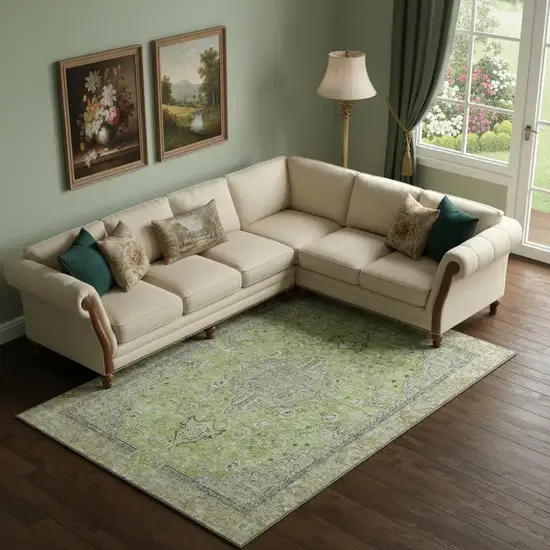 Lime Green And Gray Floral Medallion Washable Area Rug With UV Protection Photo 2