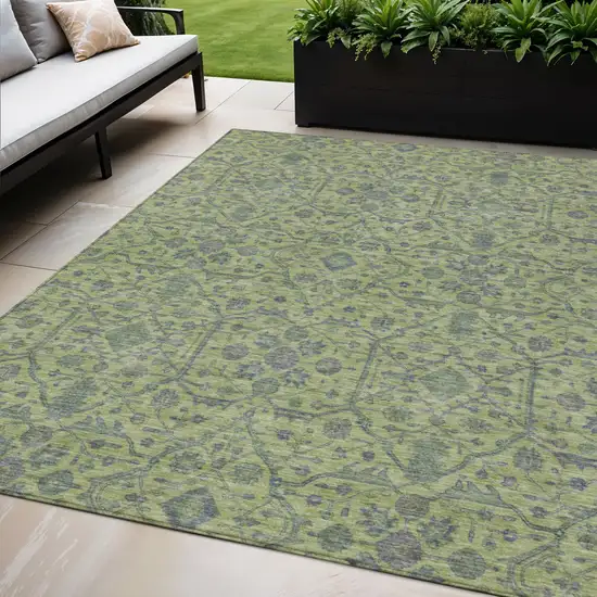Lime Green And Gray Floral Washable Indoor Outdoor Area Rug Photo 1
