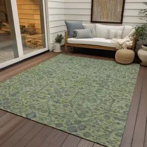 Photo of Lime Green And Gray Floral Washable Indoor Outdoor Area Rug