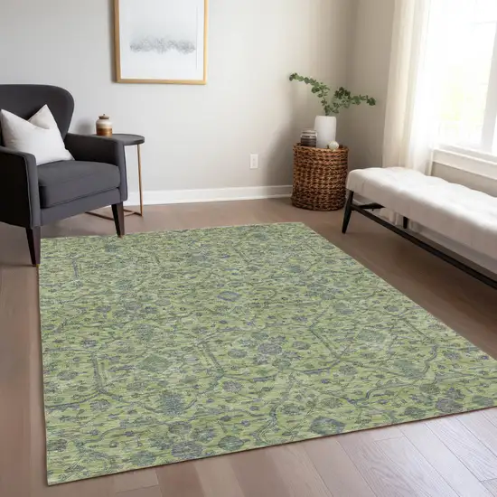 Lime Green And Gray Floral Washable Indoor Outdoor Area Rug Photo 9