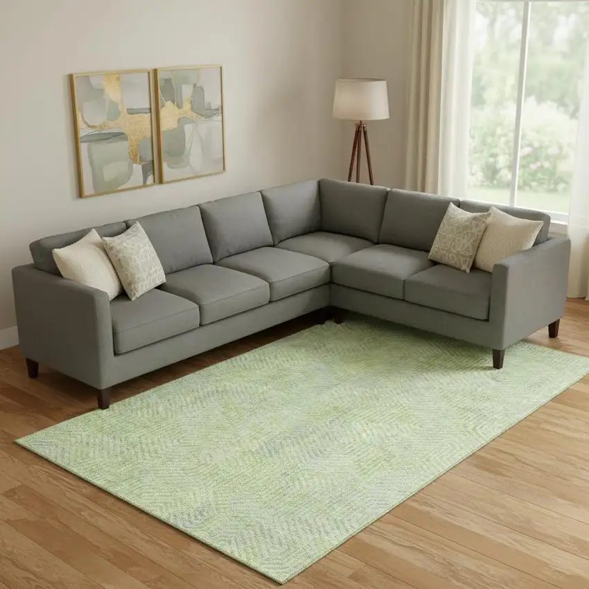 Lime Green And Gray Geometric Washable Area Rug With UV Protection Photo 1