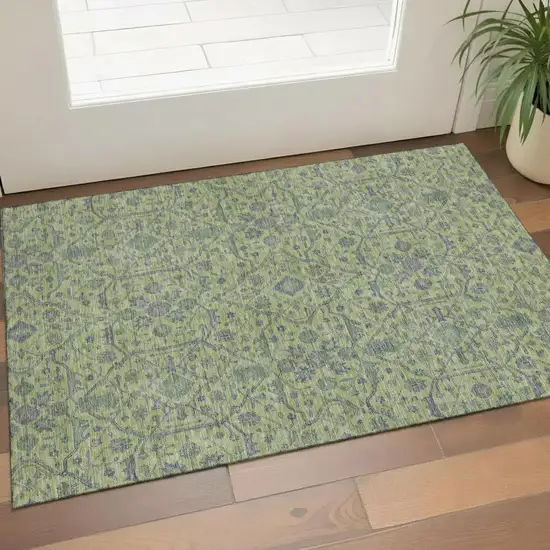 Lime Green And Gray Oriental Washable Area Rug With UV Protection Photo 1