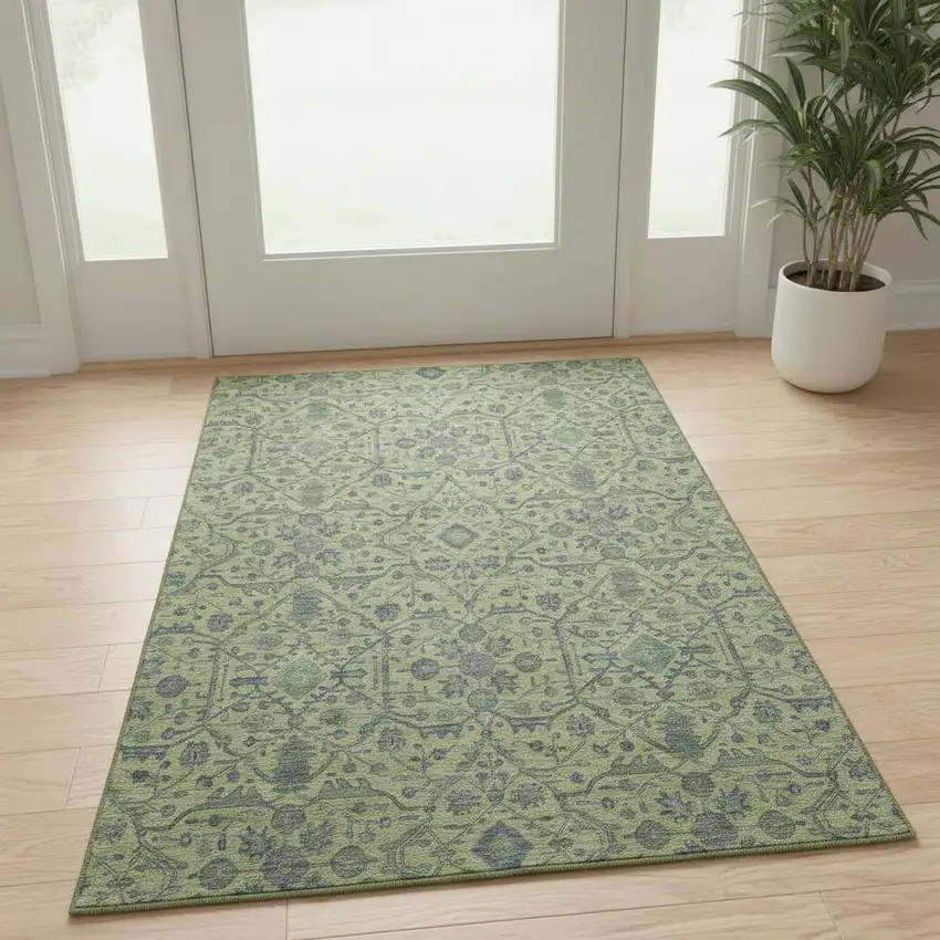 Lime Green And Gray Oriental Washable Area Rug With UV Protection Photo 2