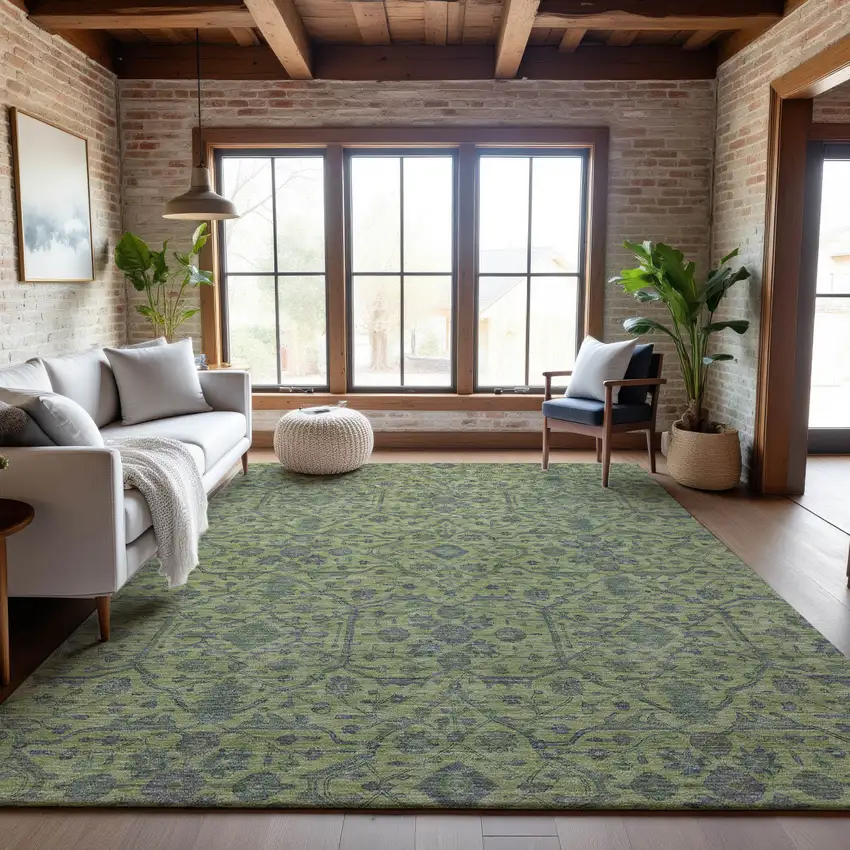 Lime Green And Gray Oriental Washable Area Rug With UV Protection Photo 4