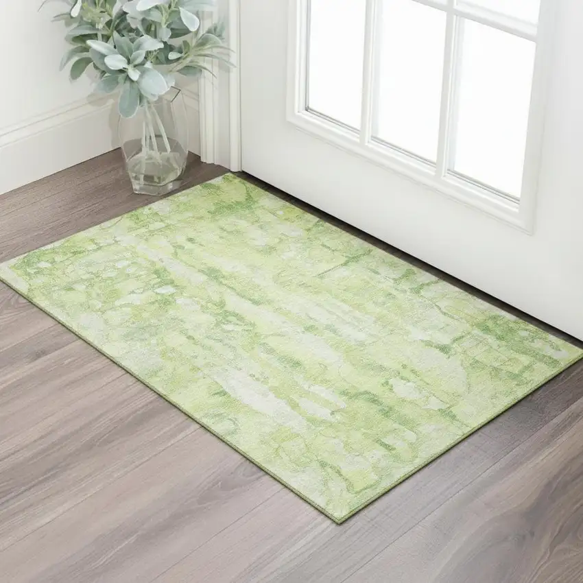 Lime Green And Ivory Abstract Washable Area Rug With UV Protection Photo 2