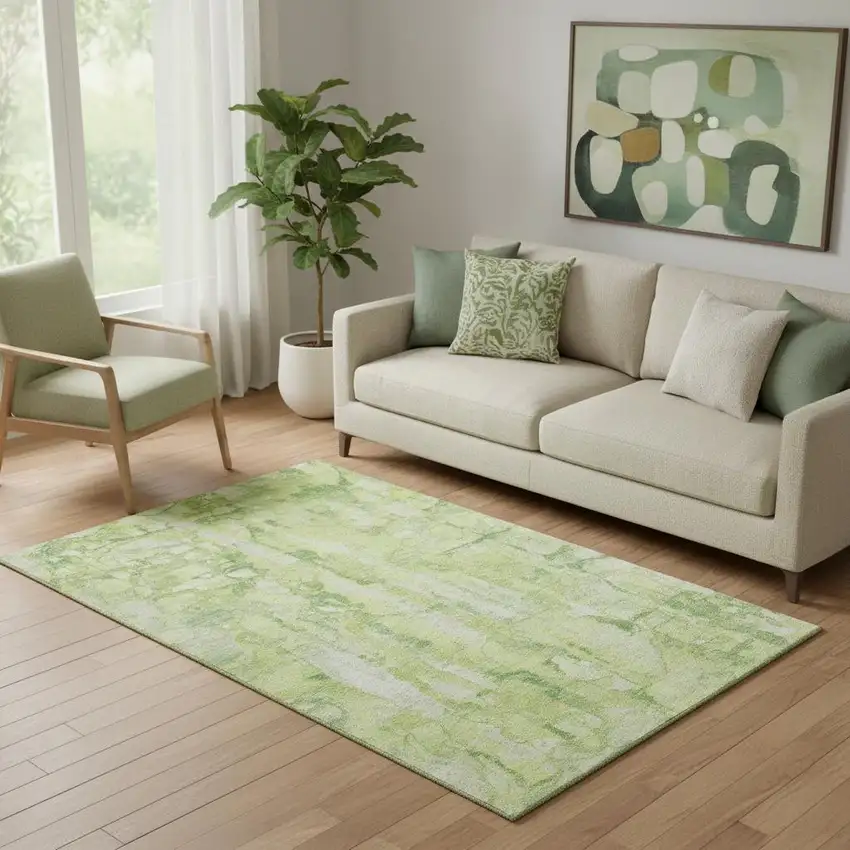 Lime Green And Ivory Abstract Washable Area Rug With UV Protection Photo 2
