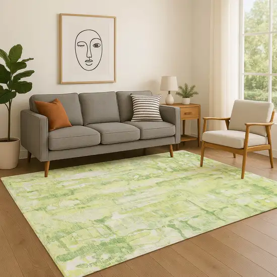 Lime Green And Ivory Abstract Washable Area Rug With UV Protection Photo 5