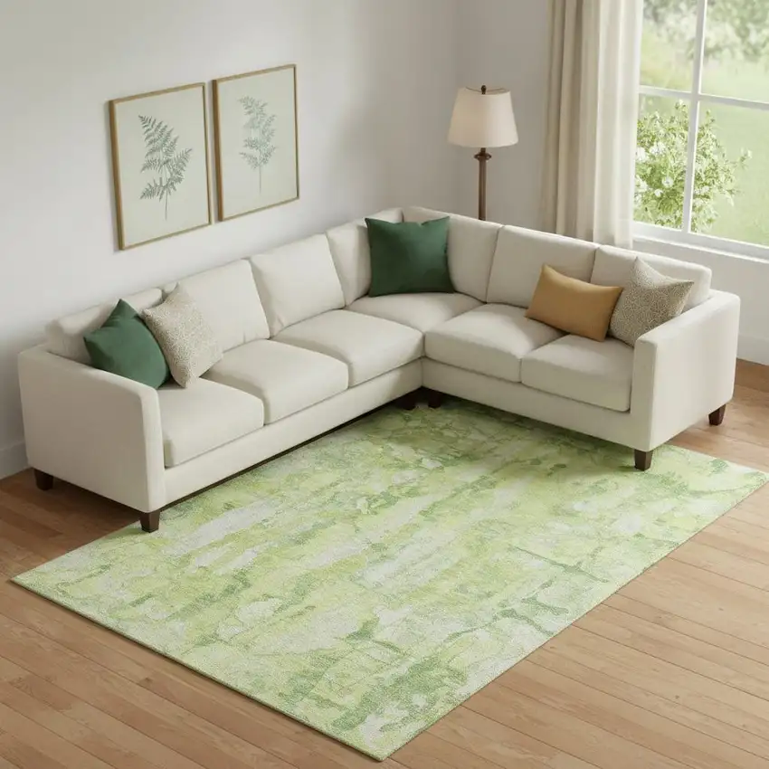 Lime Green And Ivory Abstract Washable Area Rug With UV Protection Photo 2