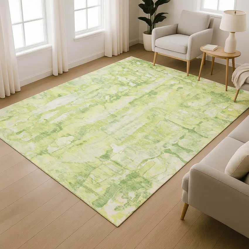 Lime Green And Ivory Abstract Washable Area Rug With UV Protection Photo 6