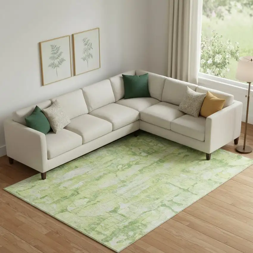 Lime Green And Ivory Abstract Washable Area Rug With UV Protection Photo 2