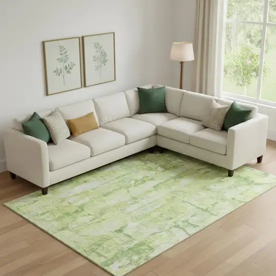Lime Green And Ivory Abstract Washable Area Rug With UV Protection Photo 2