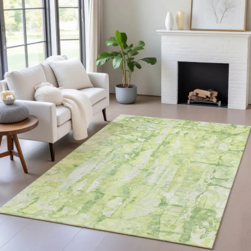 Lime Green And Ivory Abstract Washable Indoor Outdoor Area Rug Photo 7