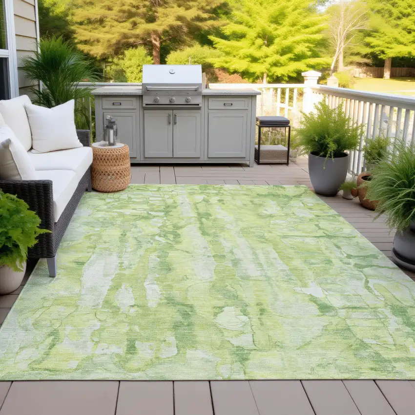 Lime Green And Ivory Abstract Washable Indoor Outdoor Area Rug Photo 5