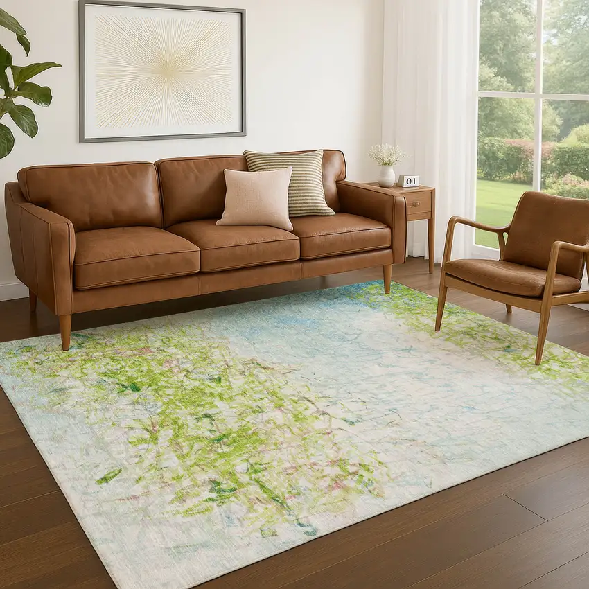 Lime Green And Ivory Abstract Washable Indoor Outdoor Area Rug Photo 5