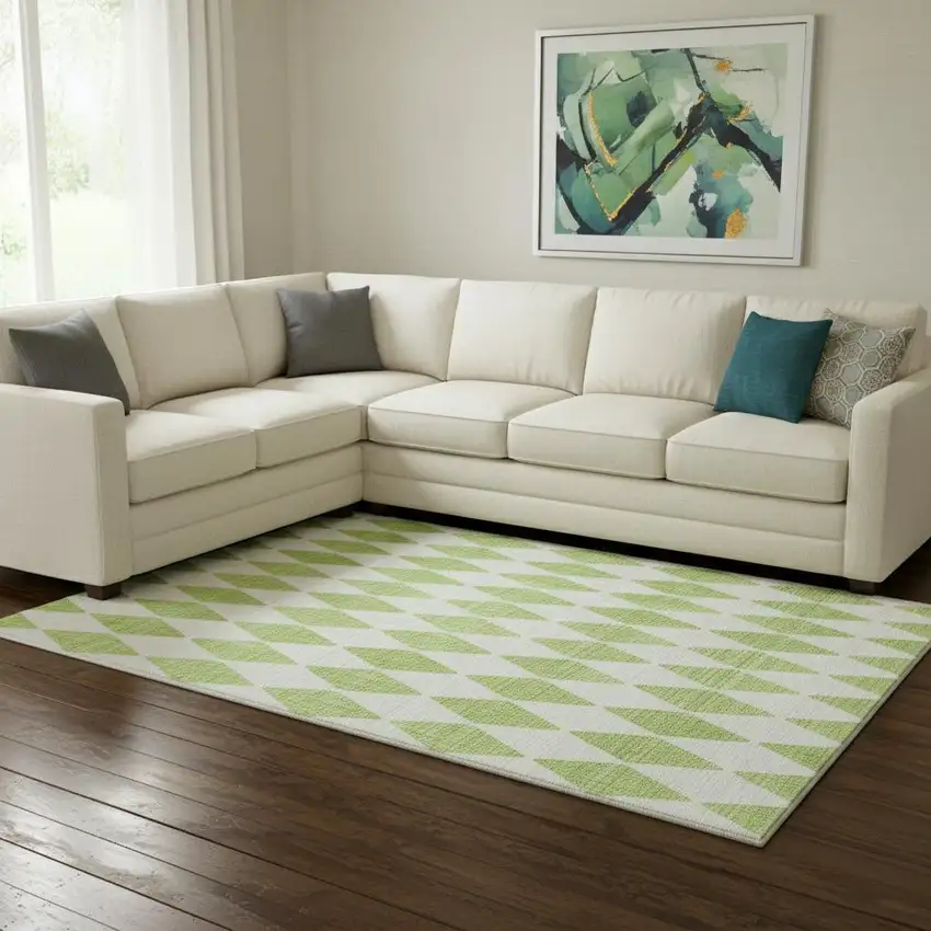 Lime Green And Ivory Diamond Washable Area Rug With UV Protection Photo 3