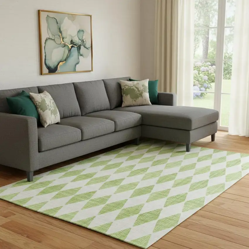 Lime Green And Ivory Diamond Washable Area Rug With UV Protection Photo 1