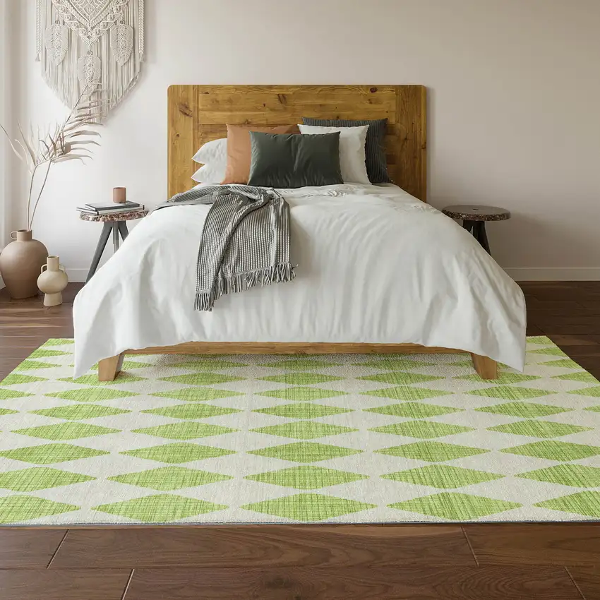 Lime Green And Ivory Diamond Washable Area Rug With UV Protection Photo 5