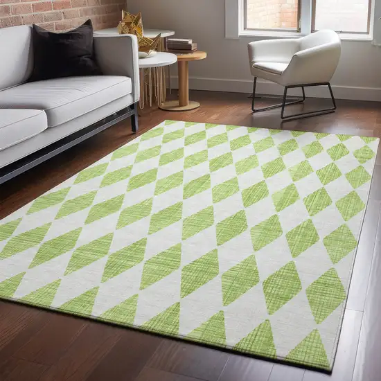 Lime Green And Ivory Diamond Washable Area Rug With UV Protection Photo 4