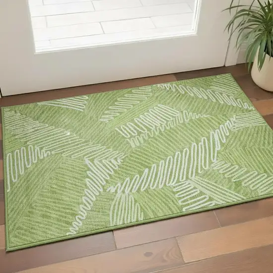 Lime Green And Ivory Floral Washable Area Rug With UV Protection Photo 2