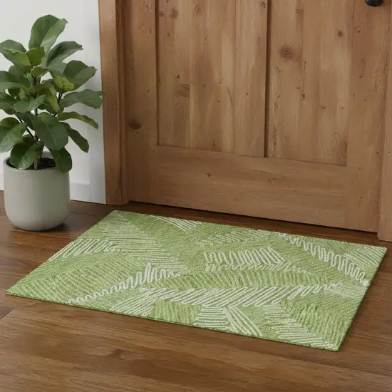 Lime Green And Ivory Floral Washable Area Rug With UV Protection Photo 1