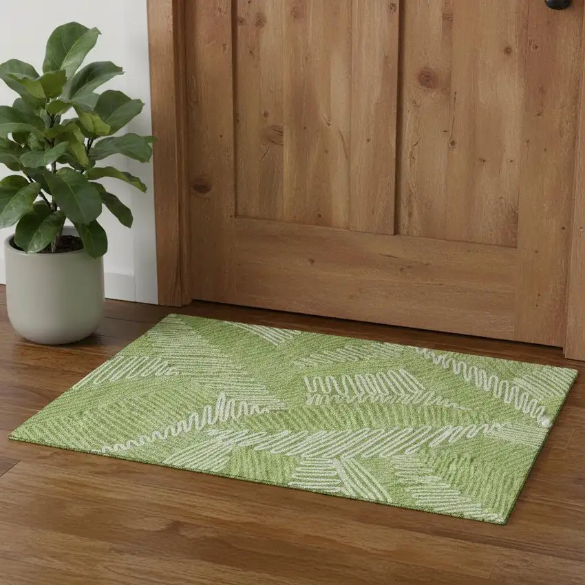 Lime Green And Ivory Floral Washable Area Rug With UV Protection Photo 1