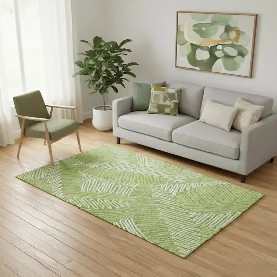 Lime Green And Ivory Floral Washable Area Rug With UV Protection Photo 1