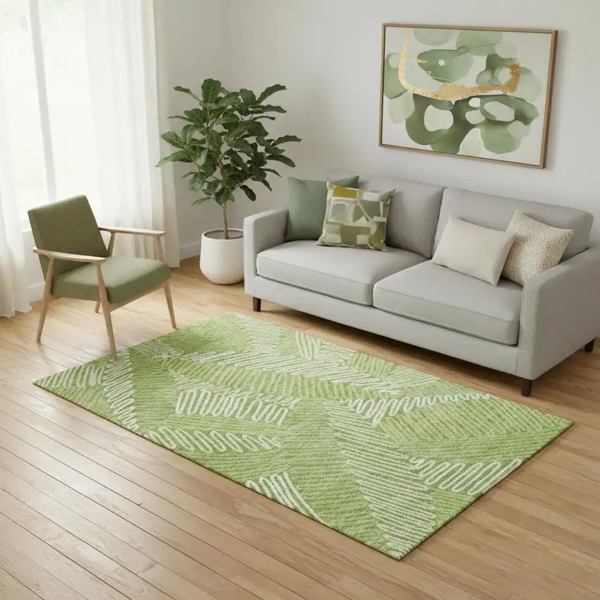 Lime Green And Ivory Floral Washable Area Rug With UV Protection Photo 1