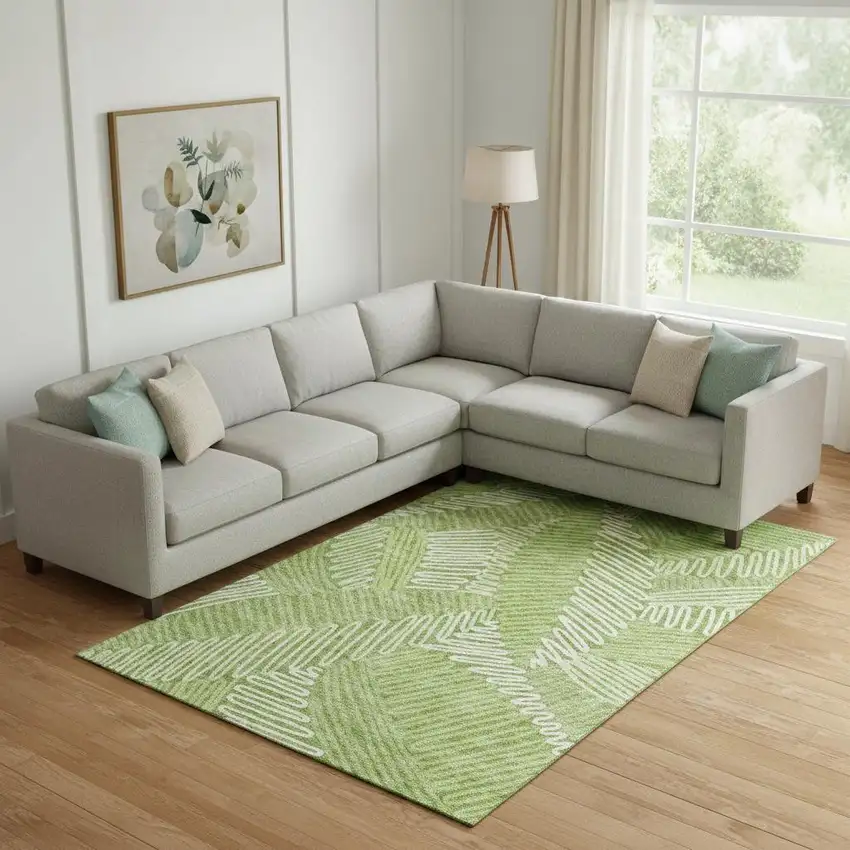 Lime Green And Ivory Floral Washable Area Rug With UV Protection Photo 1