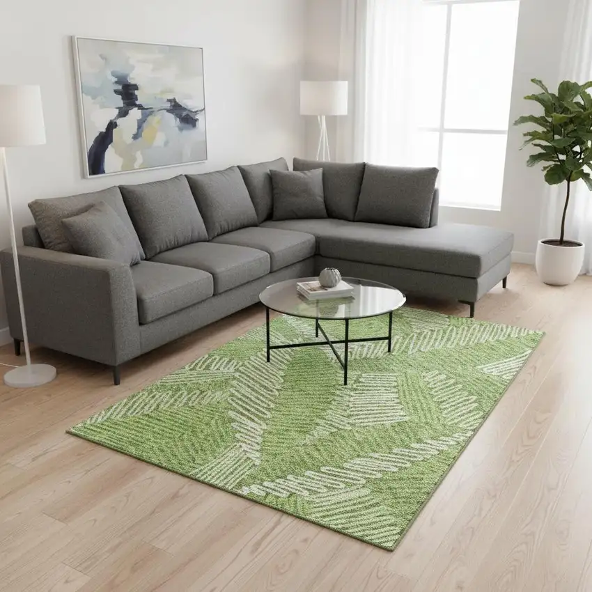 Lime Green And Ivory Floral Washable Area Rug With UV Protection Photo 2