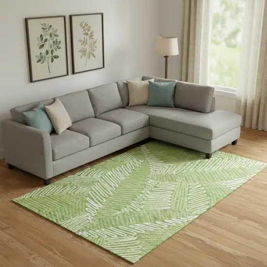 Lime Green And Ivory Floral Washable Area Rug With UV Protection Photo 1