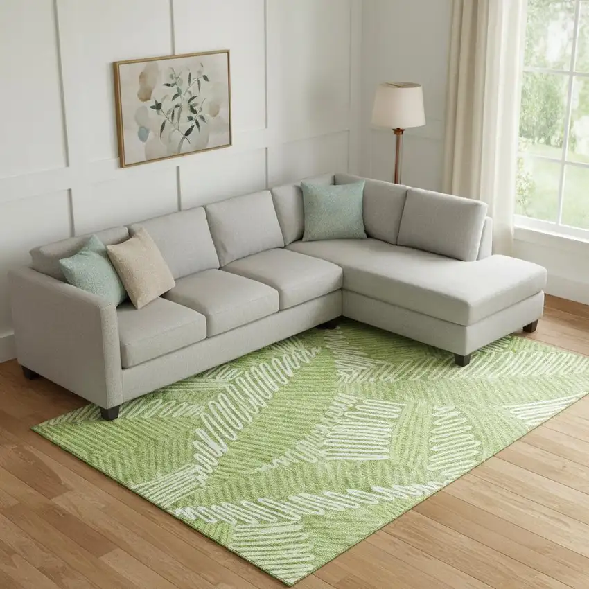 Lime Green And Ivory Floral Washable Area Rug With UV Protection Photo 1
