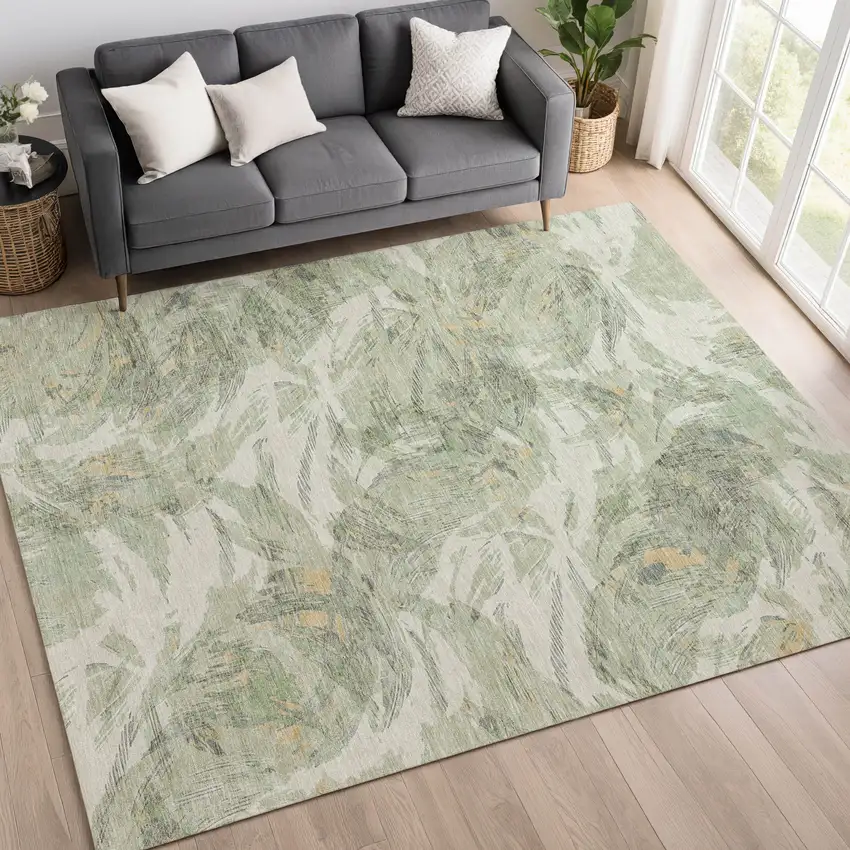 Lime Green And Ivory Floral Washable Indoor Outdoor Area Rug Photo 5