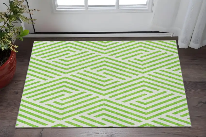Lime Green And Ivory Geometric Washable Area Rug With UV Protection Photo 2