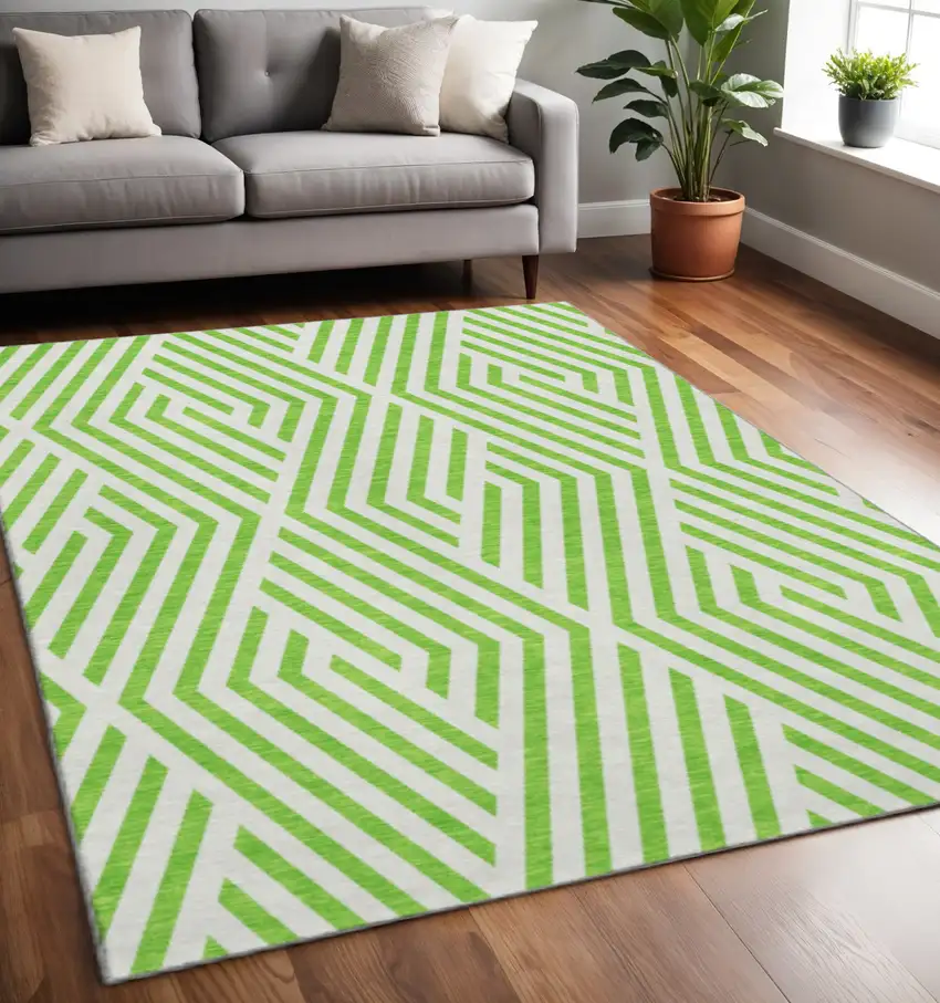 Lime Green And Ivory Geometric Washable Area Rug With UV Protection Photo 2