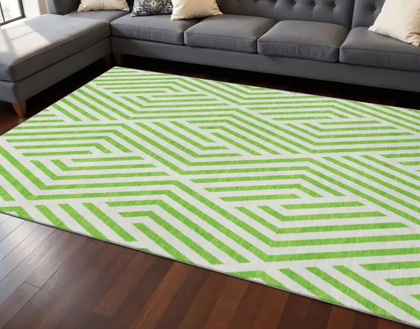 Lime Green And Ivory Geometric Washable Area Rug With UV Protection Photo 2