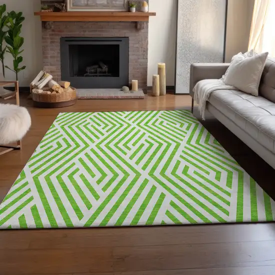 Lime Green And Ivory Geometric Washable Area Rug With UV Protection Photo 6