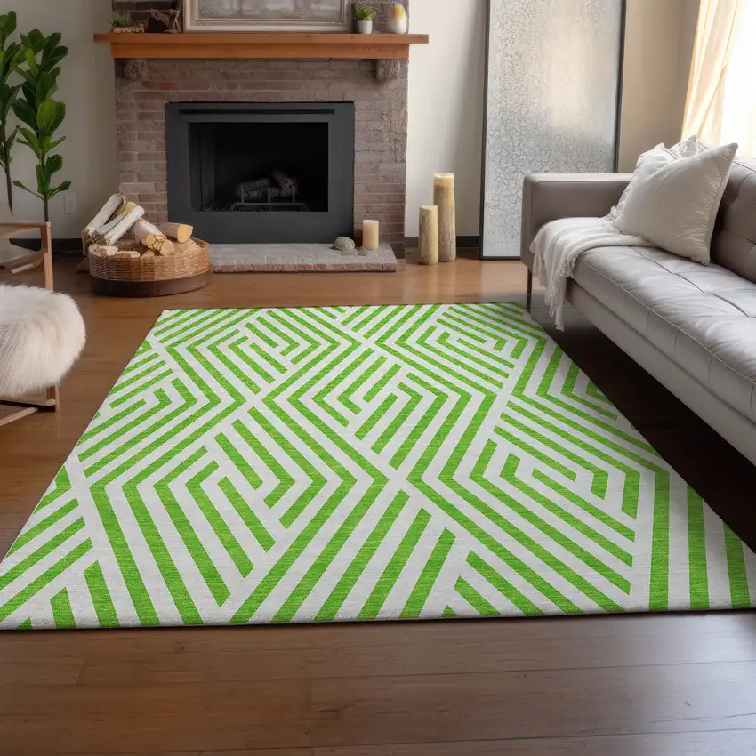 Lime Green And Ivory Geometric Washable Area Rug With UV Protection Photo 6