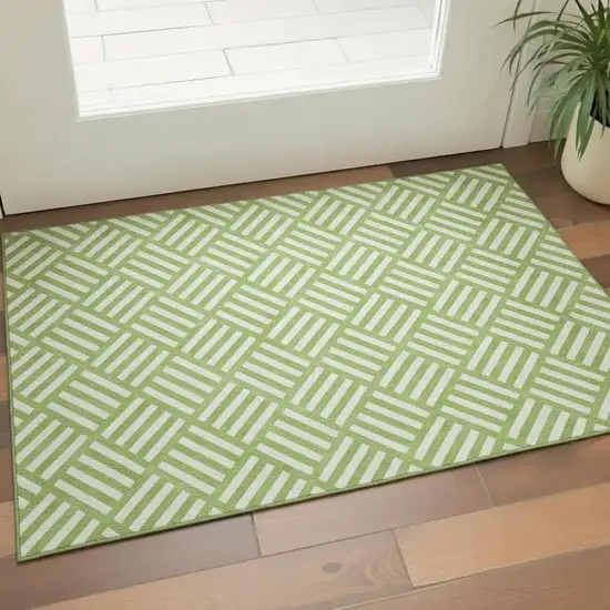 Lime Green And Ivory Geometric Washable Area Rug With UV Protection Photo 1