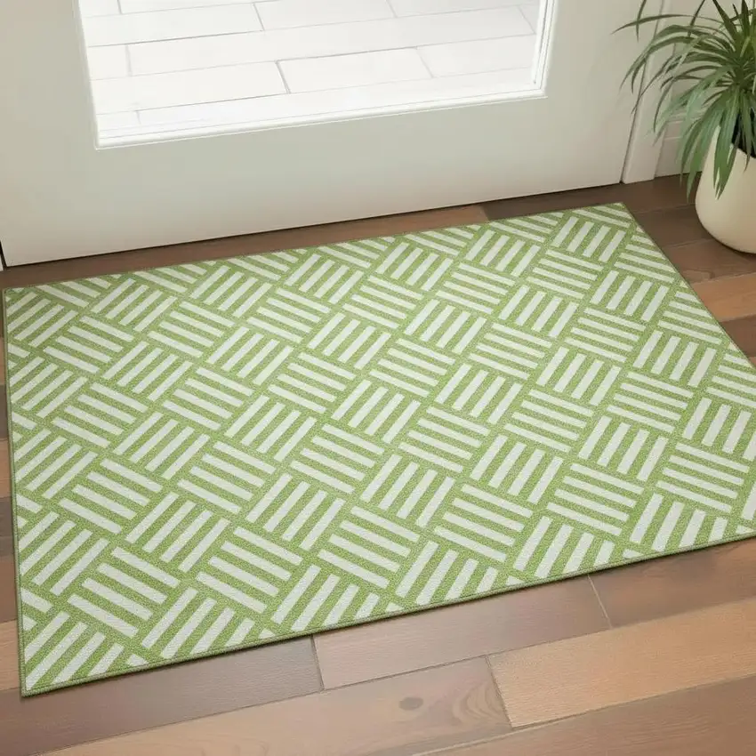 Lime Green And Ivory Geometric Washable Area Rug With UV Protection Photo 1