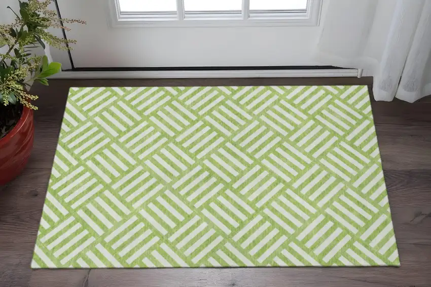 Lime Green And Ivory Geometric Washable Area Rug With UV Protection Photo 2