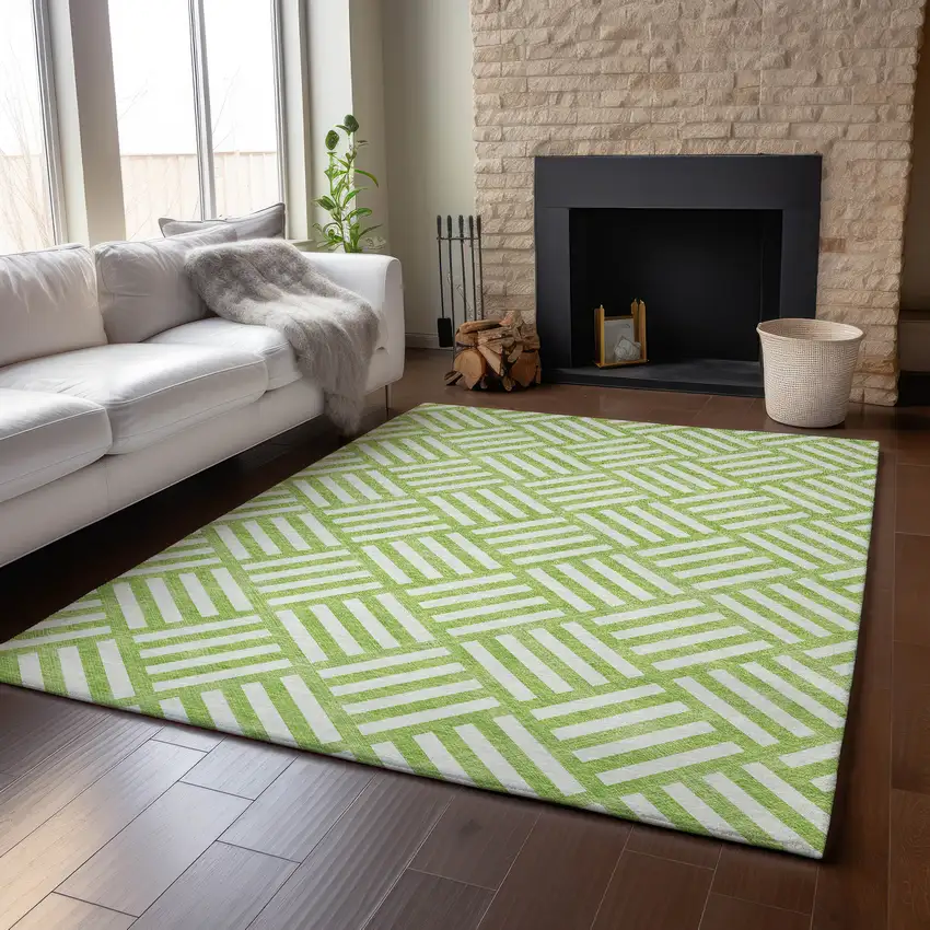 Lime Green And Ivory Geometric Washable Area Rug With UV Protection Photo 4