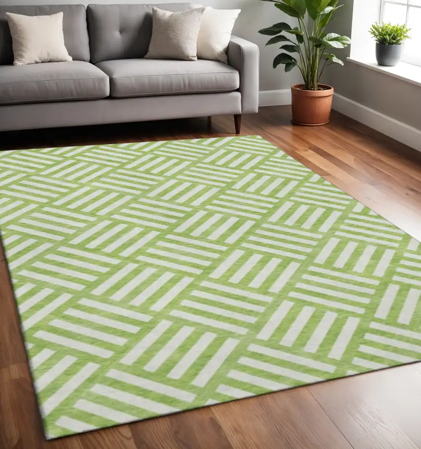 Lime Green And Ivory Geometric Washable Area Rug With UV Protection Photo 2