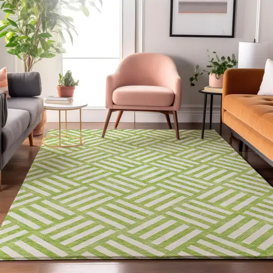 Lime Green And Ivory Geometric Washable Area Rug With UV Protection Photo 3
