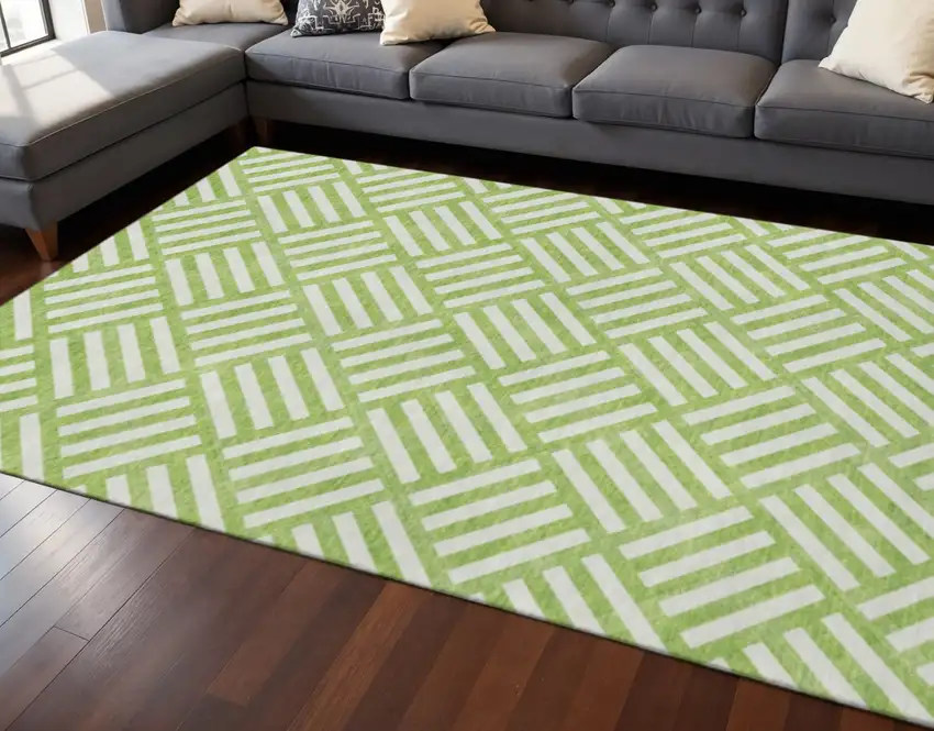 Lime Green And Ivory Geometric Washable Area Rug With UV Protection Photo 2