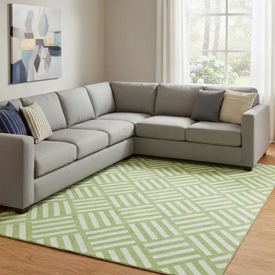 Lime Green And Ivory Geometric Washable Area Rug With UV Protection Photo 1