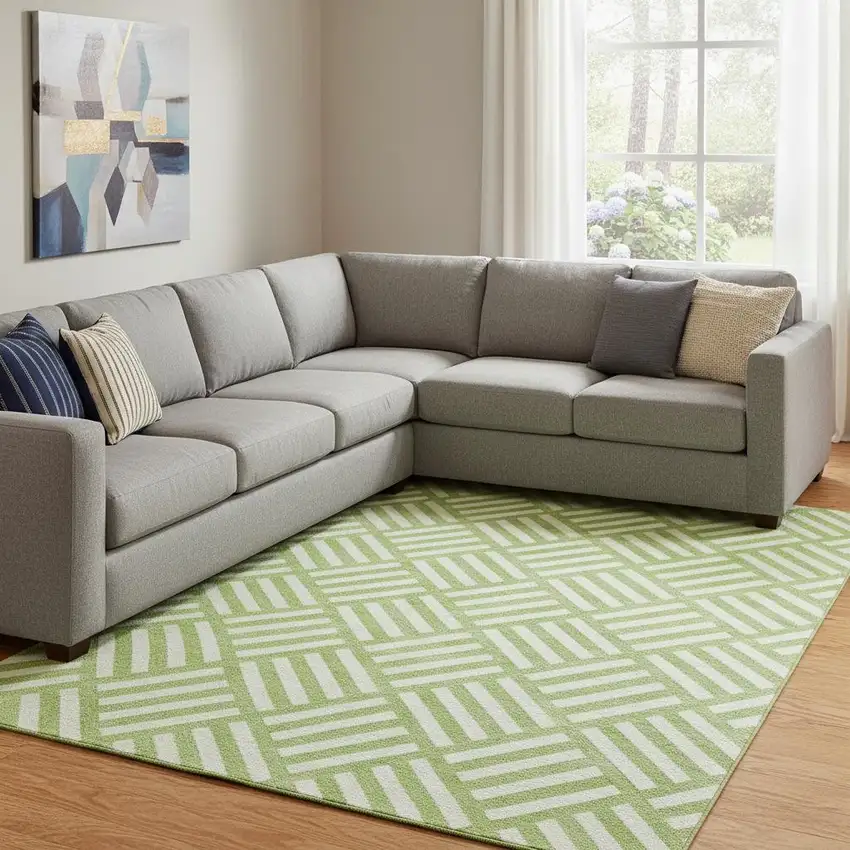 Lime Green And Ivory Geometric Washable Area Rug With UV Protection Photo 1