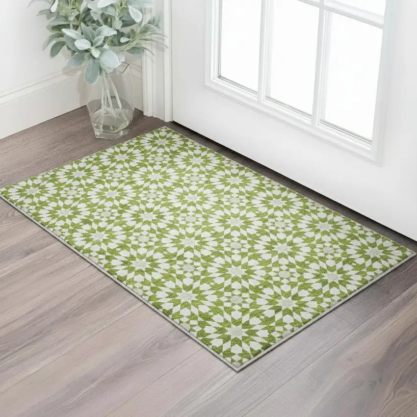 Lime Green And Ivory Geometric Washable Area Rug With UV Protection Photo 2